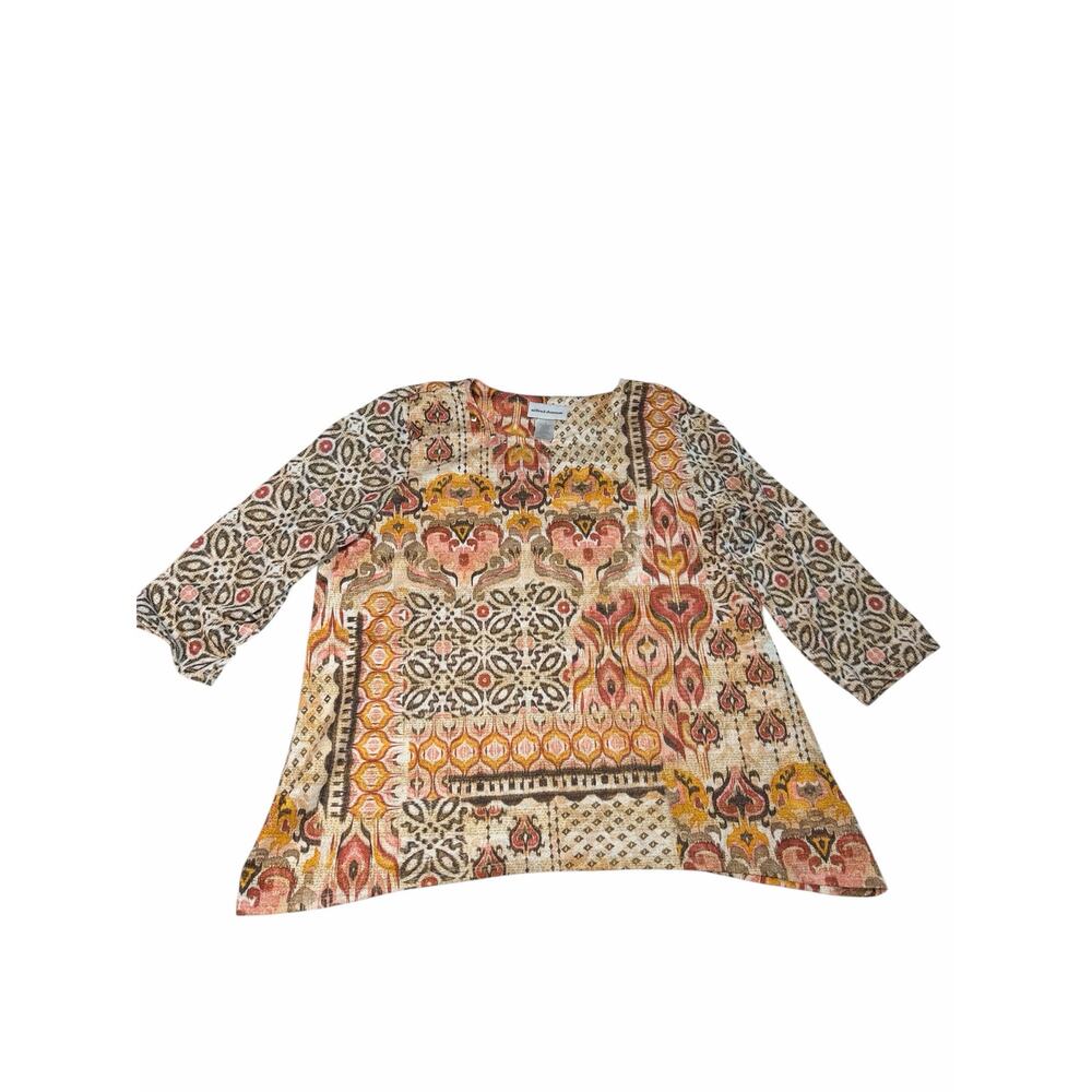 Alfred Dunner Patchwork Paisley Gold Bejeweled Rust Autumn 3/4 Sleeve Top Large